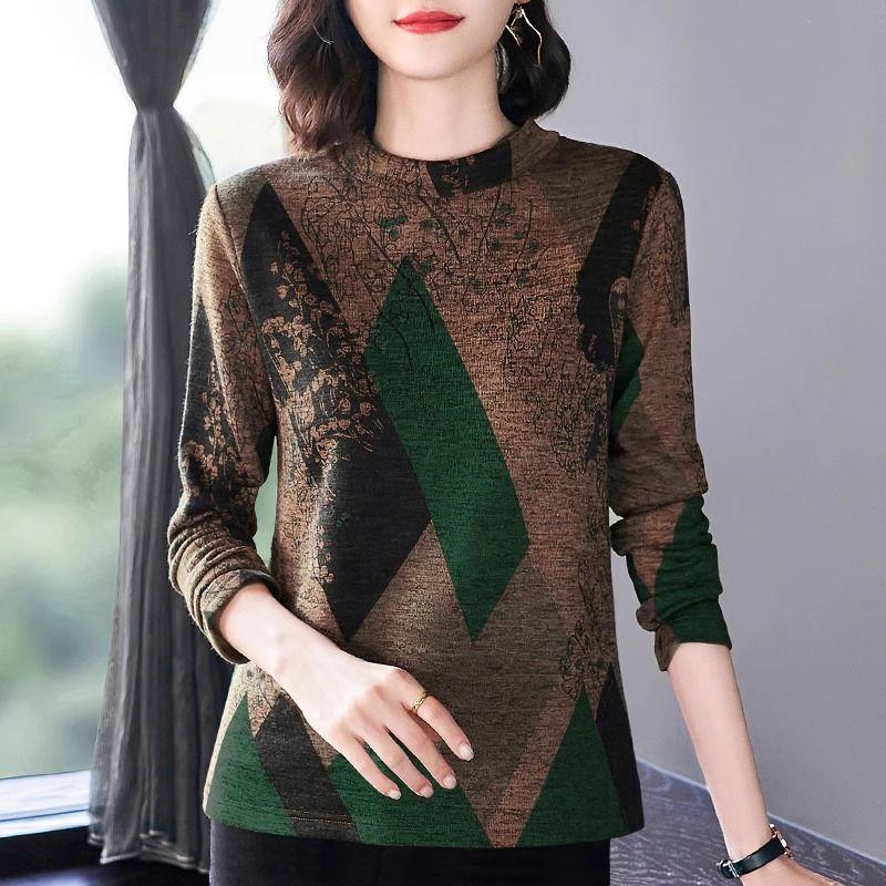 

Женская футболка с круглым вырезом, осенне-зимняя мода, контрастный цвет, принт аргайл, свободного кроя, с длинными рукавами, пуловер 4XL зелёный