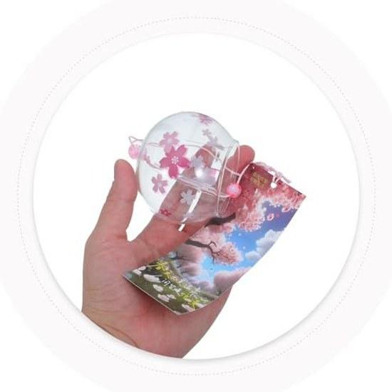 Pink Glass Wind Chime Traditional Japanese Cherry Blossom Design Portable Hanging Decoration Suitable Mothers Day Weddings Beautiful Harmonious Sound.