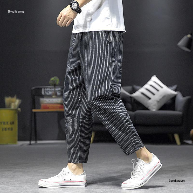 Męskie spodnie haremowe w paski: Młodzieżowy Trend Casual Szerokie Nogawki Długość 9/10