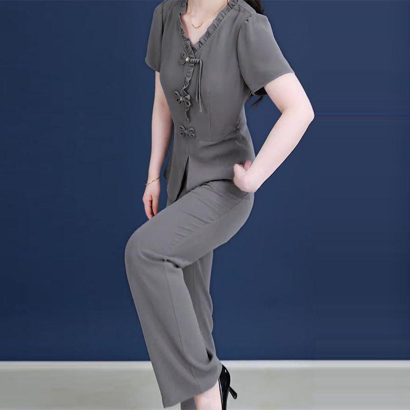 

Women s Summer 2025 Chinese Style Slimming Two-Piece Set: Frog Button Short Sleeve Top & Casual Pants 3XL (135-145 jin)