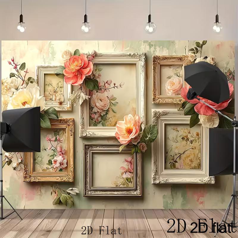 2D Floral Art Frame Backdrop Elegant Vintage Flower Frame Party Background Banner