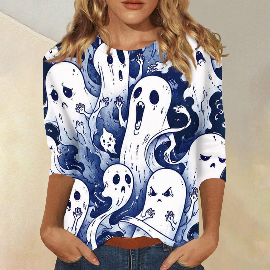 Women's Casual 3/4 Sleeve Halloween Print Round Neck Top Lightweight Comfortable Fit Seasonal Graphic Shirt