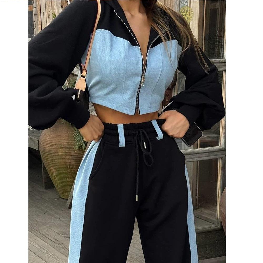 Women's Color Blocked Fashion Set Sexy Waist Hooded Cross Color Cardigan Sports Pants Two Piece