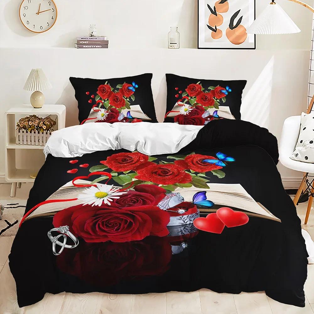 Comforter Rose Floral Romantic Flowers Bedding Set Butterfly Comforter Twin Queen For Valentine'S Day Wedding Room Decor
