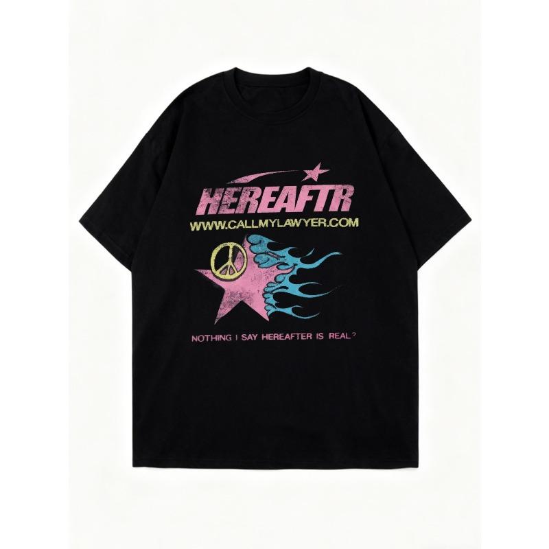 Oversized T Shirt Black Hereafter Peace Star Graphic Print With Website And Quote Statement Casual Streetwear Fashion Top For Women