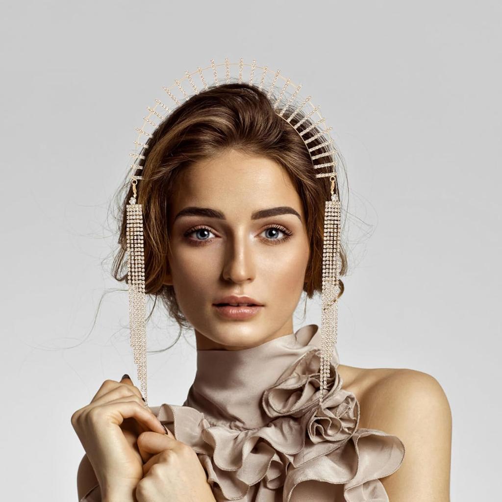 Halo Crown Crystal Goddess Headband Glitter Tassel Head Chain Wedding Headpieces Party Tiara Hair Accessory Jewelry For Women Girls Holiday Party