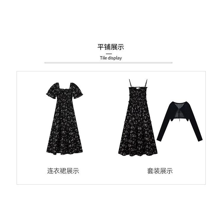Summer New Thin Gentle Floral Vacation Travel Small Black Dress Medium and Long Temperament Dress