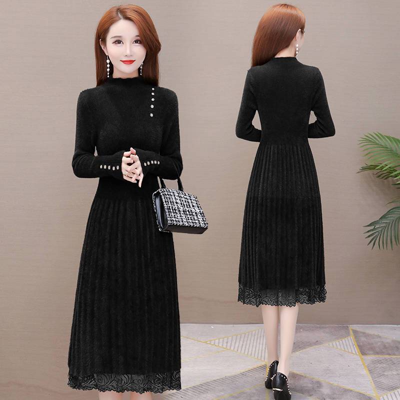 Herbst- und Winter Knie-lange Kleider Damen Mesh Strickkleider Spitze Strickkleider Halbrollkragen Pullover