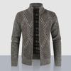 Stand Collar Long Sleeves Fleece Lining Sweater Coat Men Autumn Winter Geometric Pattern Zipper Placket Knitted Outerwear