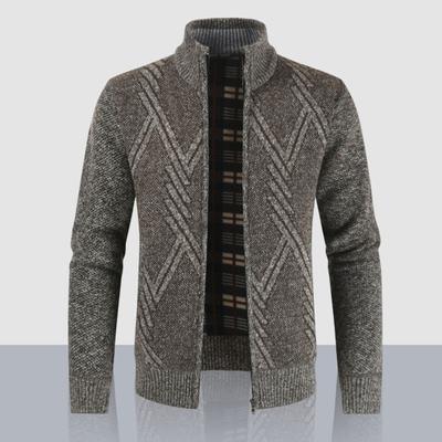 Stand Collar Long Sleeves Fleece Lining Sweater Coat Men Autumn Winter Geometric Pattern Zipper Placket Knitted Outerwear