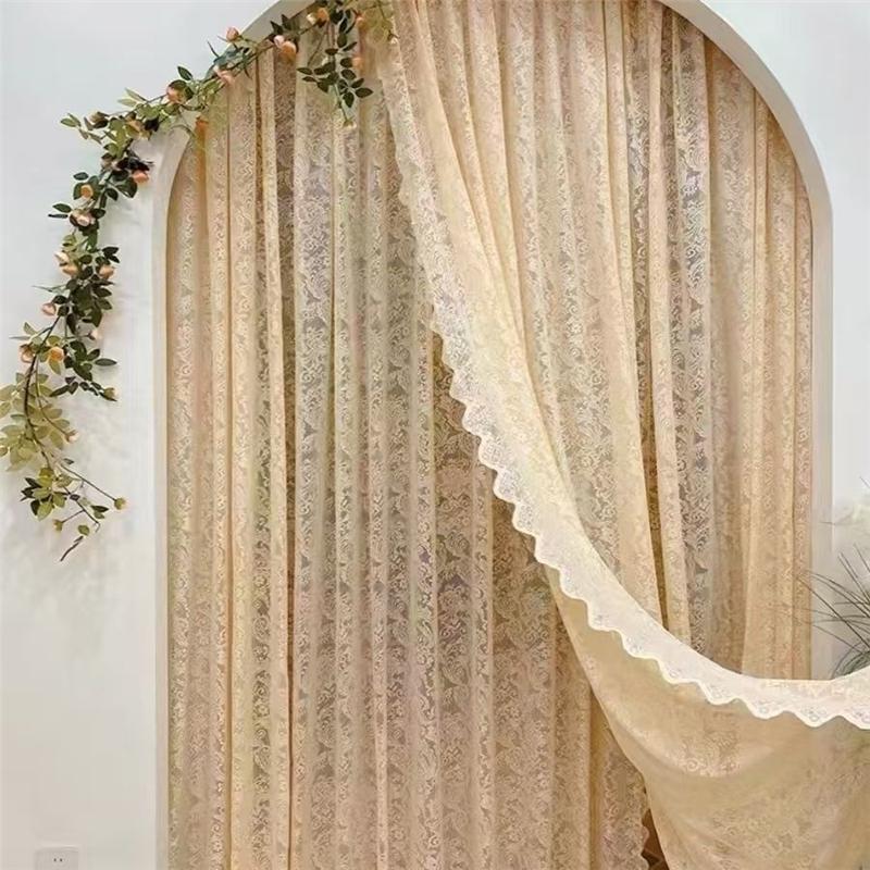 Vintage Lace Curtains  Romantic Semi Sheer Floral Lacy Curtain for Living Room, Elegant Window Drapes for Bedroom with Pearls