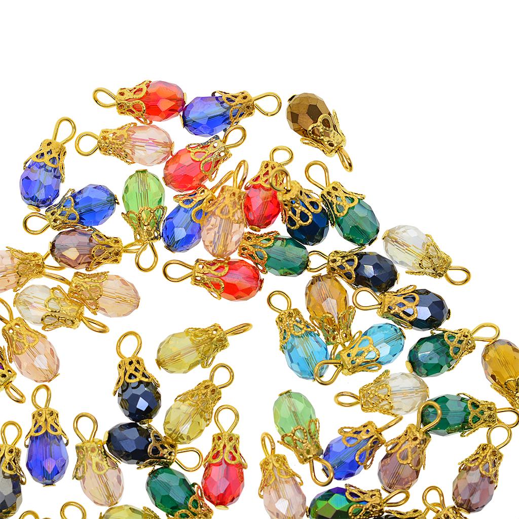 50pcs Colorful Faceted Crystal Drop Glass Filigree Flower Cap Dangle Charms