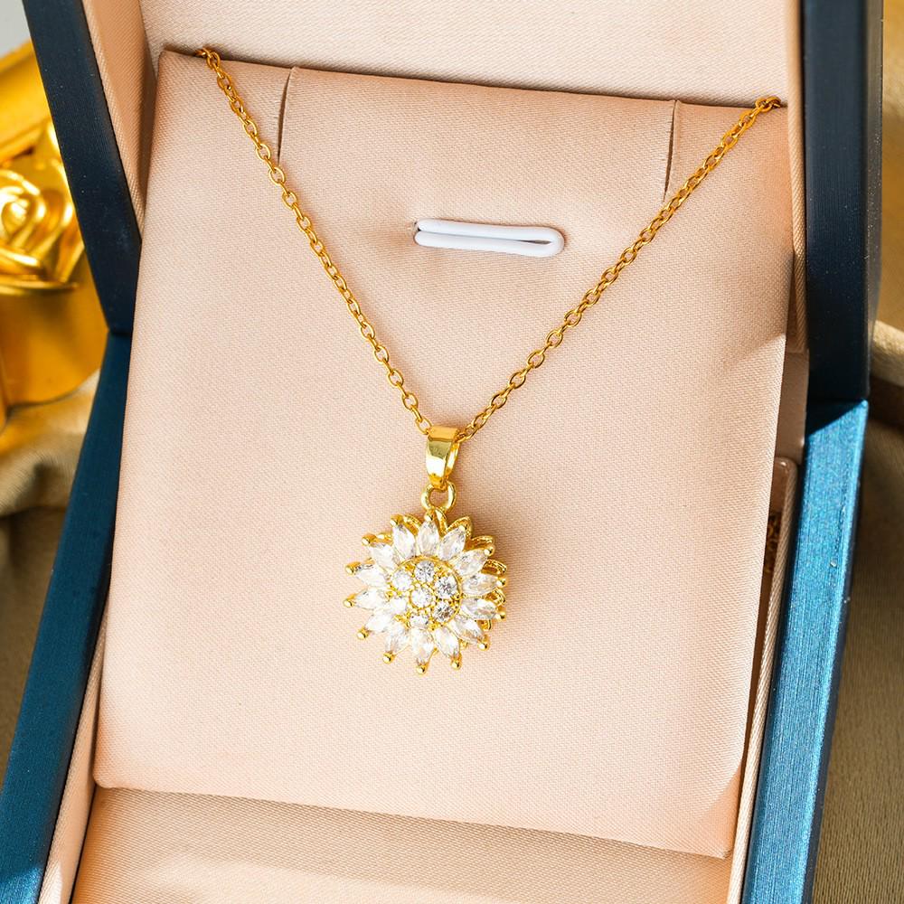Rotating Sunflower Titanium Steel Necklace with Rhinestones - Elegant Clavicle Chain for Women