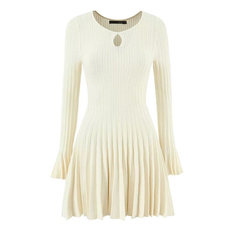 

Za Autumn New Women clothes 2025 Western Style Fashion Temperament Advanced Knitted Waist Hugging Slimming Pleated Dress Beige White M