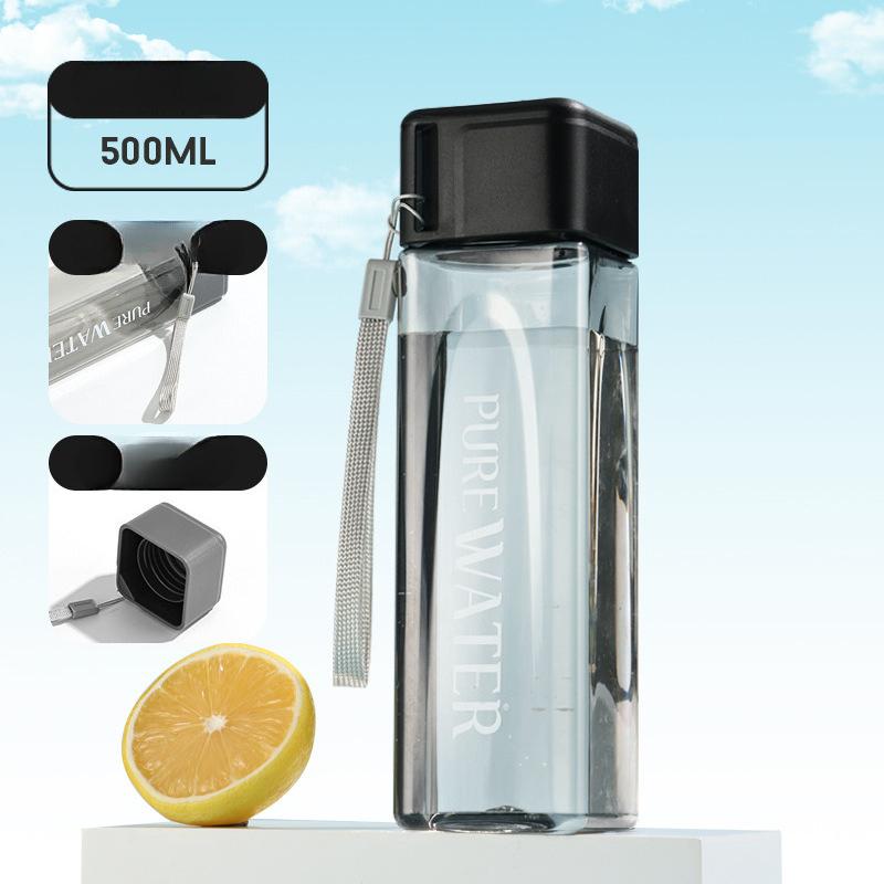 500ml Large Capacity Square Shape PC Plastic Water Bottle With Carrying Rope Portable Straight Drink Cup For Office Outdoor Gym