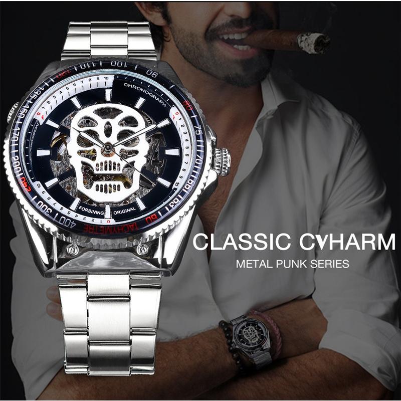 Forsining Men's Fashion Openwork Luminous Waterproof White Skull Mechanical Watch