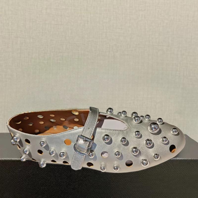 Fashion Luxury Black Pearl Round Head Buckle Ballet Sandals Summer Autumn Metal Hollow Commuting Casual Mary Jane Single Shoe Size 45