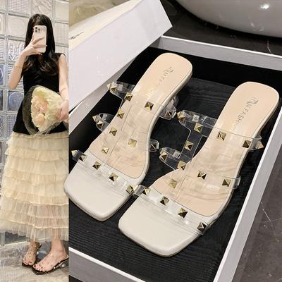 Mode Transparenter Riemen High Heel Pantoletten Damen 2025 Neu Nietendesign Quadratische Zehenpartie Pantoletten Damen Sommer Mode Dicke Sohle Sandale Mujer