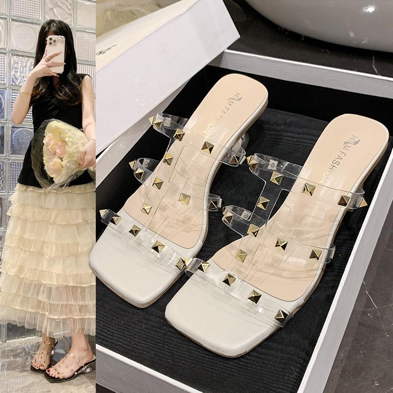 Fashion Transparent Band High Heel Slippers Women 2025 New Rivet Design Square Toe Slides Female Summer Fashion Thick Sole Sandal Mujer