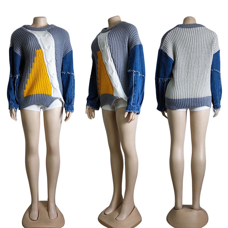 

Женский свитер в стиле ковбой-пэчворк с модным дизайном и кисточками, свободный трикотажный свитер с капюшоном, короткий топ на осень и зиму One Size серый