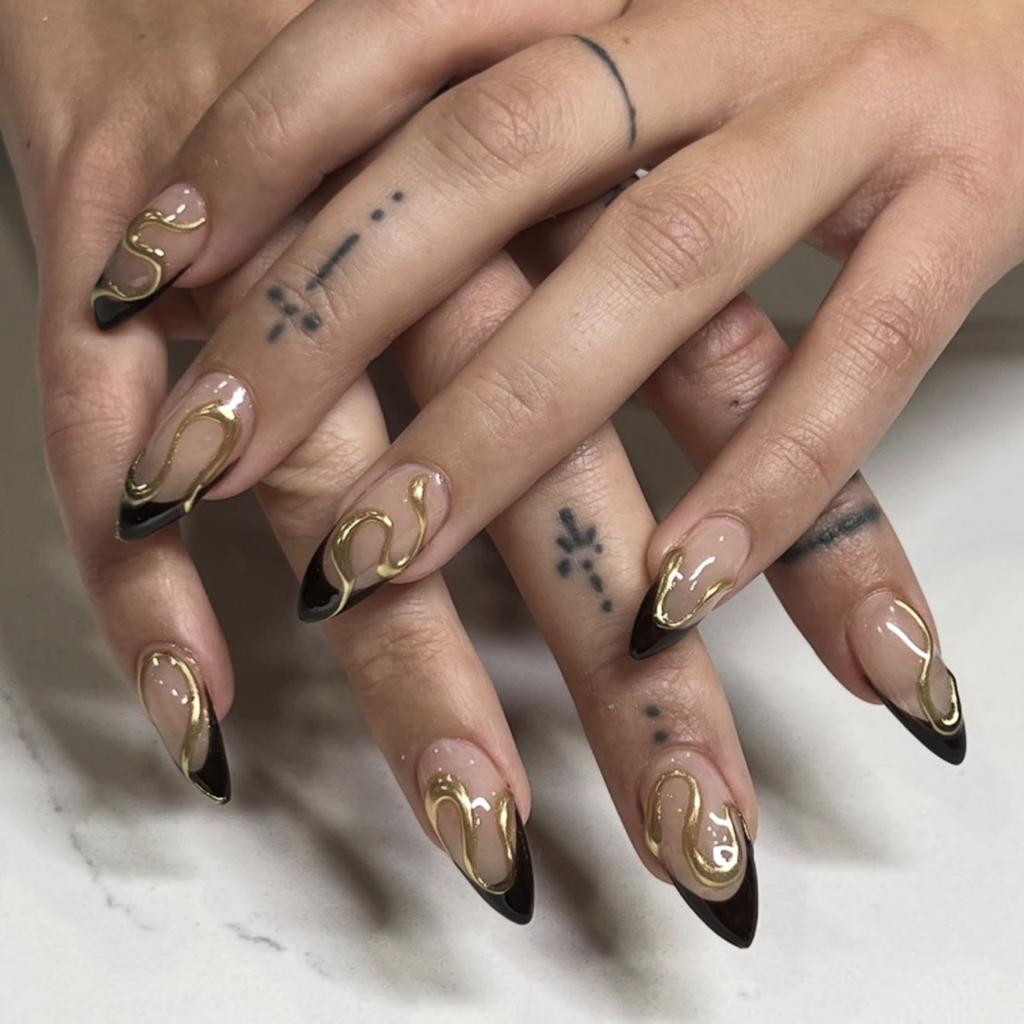 3D Gold Art Line Magic Mirror Powder Manicure Wearing Nail Piece French Black Wearing Fake Nail Piece
