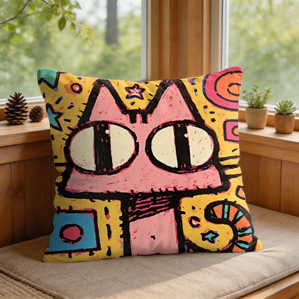 Art Dopamine Doodle Cat Cushion Cover Silky Short Plush Invisible Zipper Dustproof Sofa Pillow Case For Home Decor