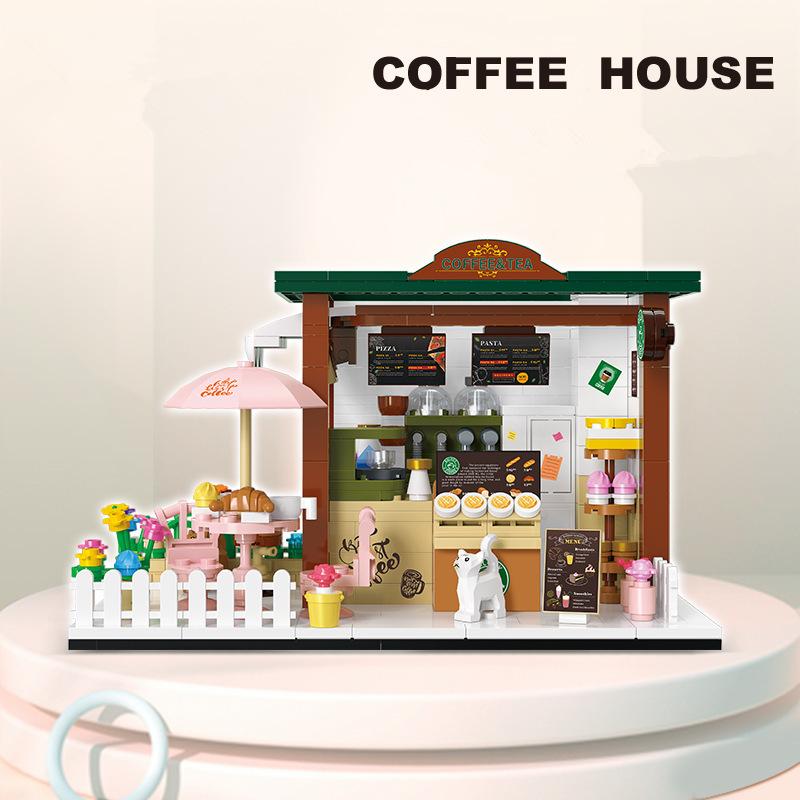 NEW Coffee Shop Bakery Bookstore Pet Cure Street View Food House Building Blocks Kit Girls Bricks Model Kids Toy Children