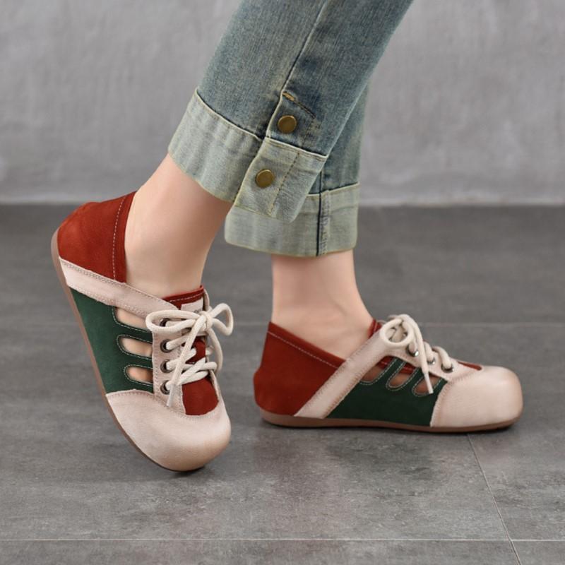 Johnature Mixed Colors Hollow-out Sandals Genuine Leather Lace Casual Flat Women's Shoes