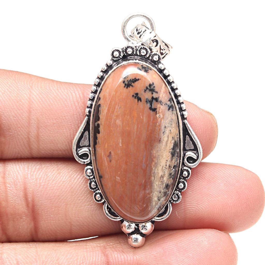 Pendentif Pierre Gemme Dendritique Hunny Cadeau Saint-Valentin Bijoux en Argent 2,5"