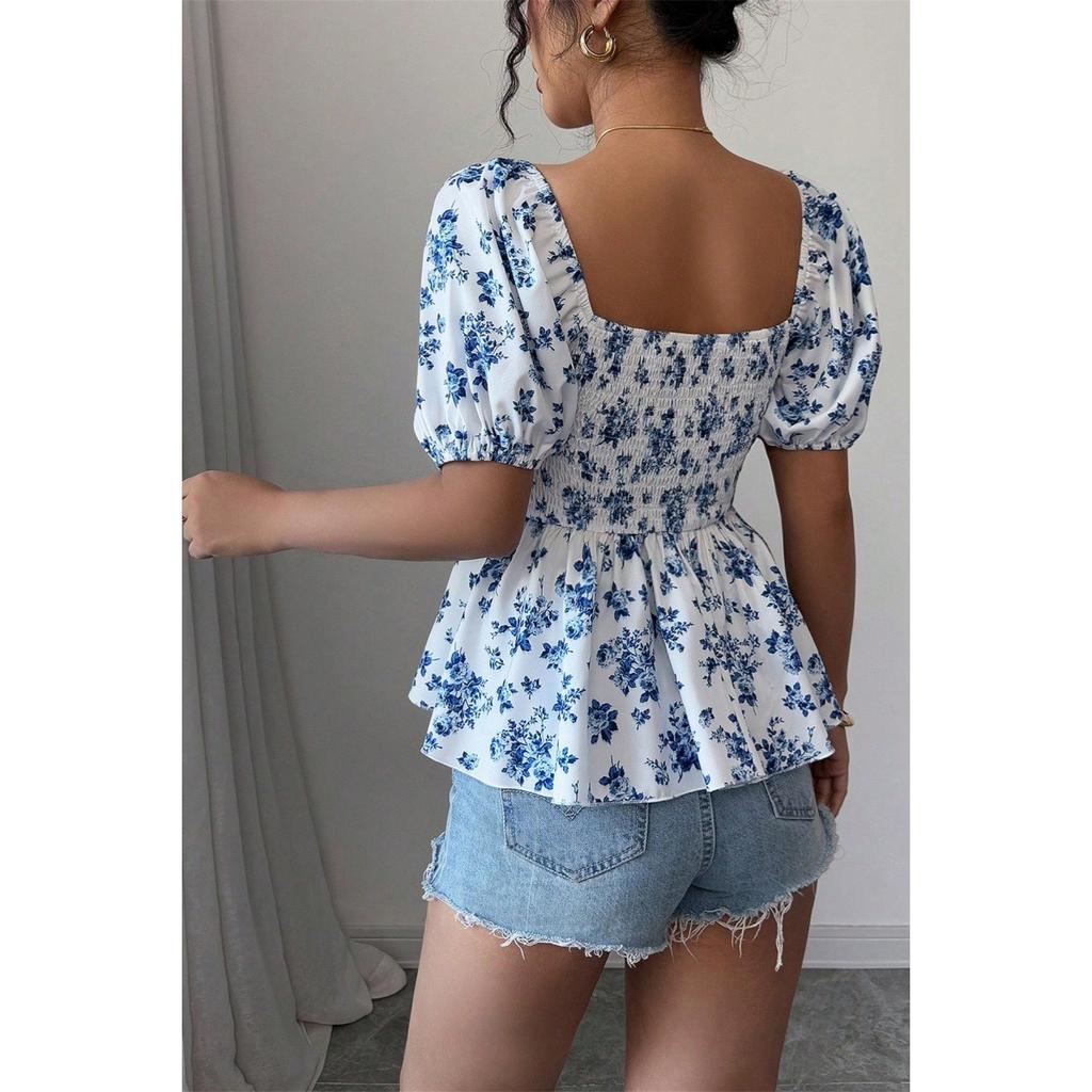 Spring Summer New Arrival Women's Square Neck Smocked Print Short Sleeve Top Fashion Slim Fit Sexy Casual Blouse