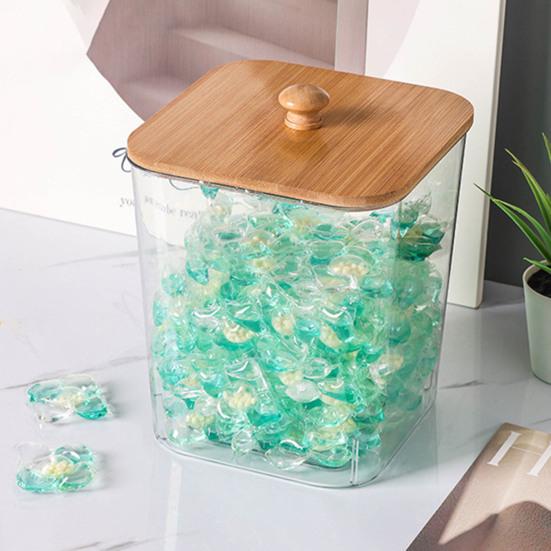 Wäscheperlen Aufbewahrungsbox mit Bambusdeckel Große Öffnung Acrylbehälter Waschpulverperlen Feuchtigkeitsgeschützter Organizer