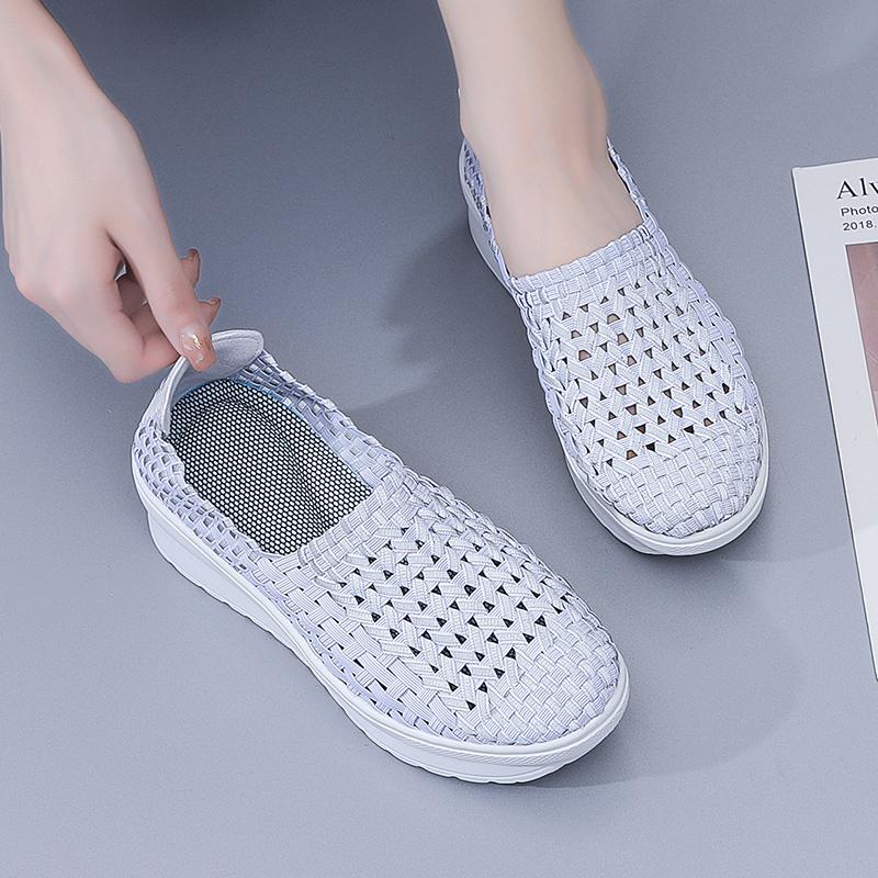 Lady Summer Breathable Slip on Beach Shoes Women Casual Platform Elevator Braided Blue White Sneakers Plus Size