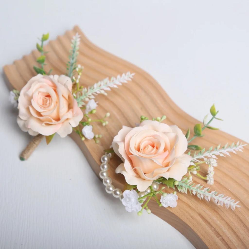 6pcs Rustic Artificial Rose Boutonniere Corsage Set Dusty Rose White Wristband Prom Suit Flowers for Wedding Ceremony