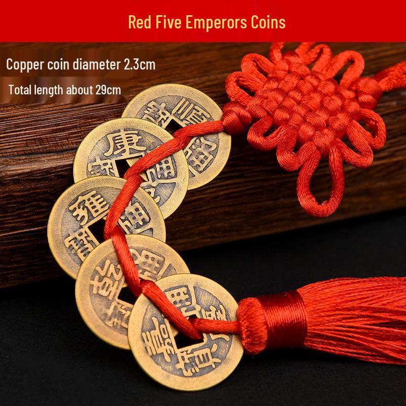 Pure Copper Chinese Lucky Knot Pendant with Five, Six, and Ten Emperor Coins - Door or Threshold Decoration.