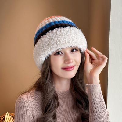 Knitted Hat for Women Thickened Plush Thread Hat  Big Head Flange Plush Edge Warm Hat