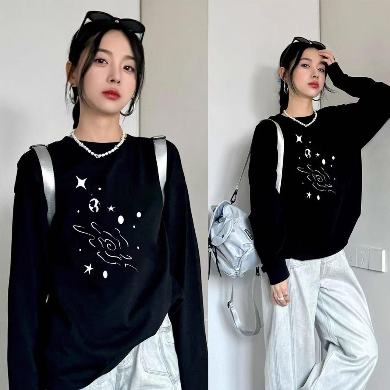 Cotton Drop Shoulder Long Sleeve Women s Black & White Top - Autumn/Winter Lazy Chic Style. M