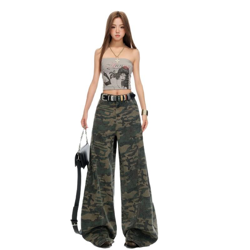 American deconstruction camouflage jeans women's autumn new loose high waist drape thin versatile scimitar wide leg pants