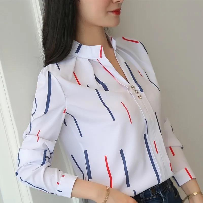 Women White Tops Blouses Fashion Stripe Print Casual Long Sleeve Office Lady OL Slim Shirts Plus Size