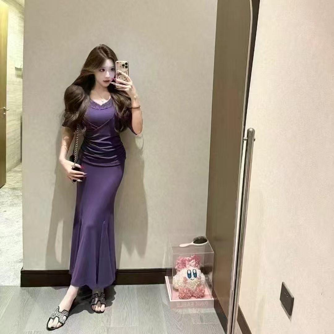 Purple Backless Waist-Cinch Dress Set with Halter Lace Cami L