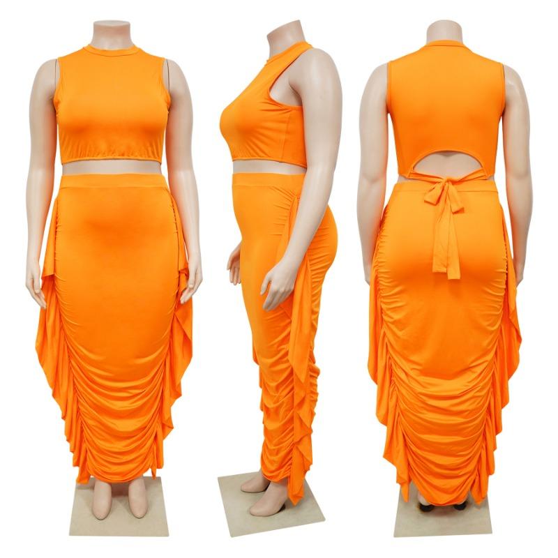 Plus Size Women's Sleeveless Crop Top & Ruched Maxi Skirt Set Sexy Two Piece Outfit