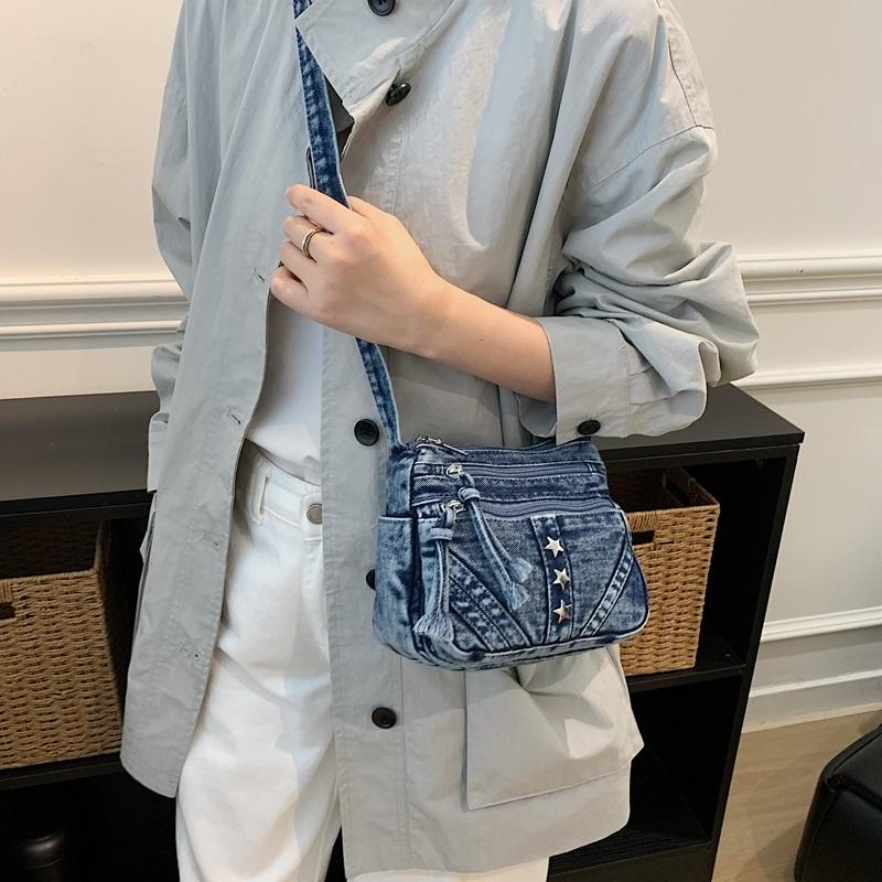 Retro Denim Crossbody Bag Multi Pocket Shoulder Purse with Star Decoration