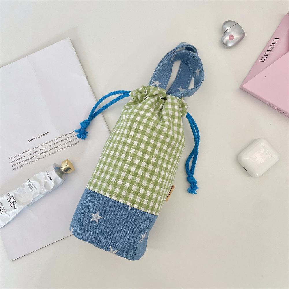 5841 Splicing plaid water cup bag, drawstring, water cup bottle, thermos cup storage bag, anti-scalding tote bag when going out