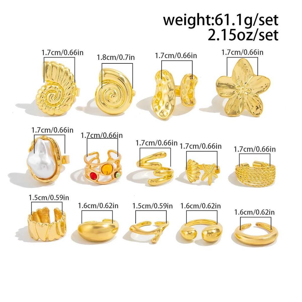 SHIXIN 14pcs/set Bohemian Conch Flower Open Ring for Women Fashion Imitation Pearl Rhinestone Knuckle Ring Set Vacation Jewelry