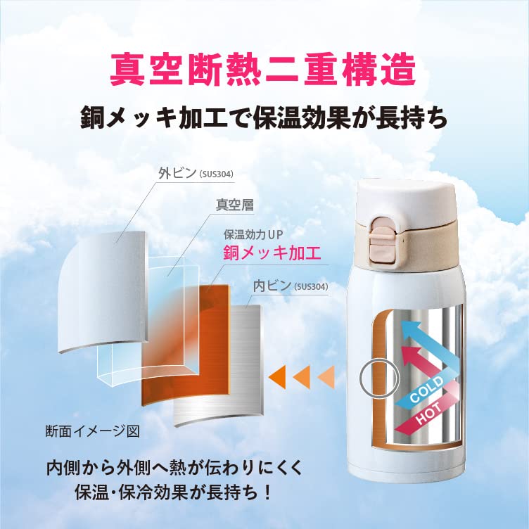 Atlas Water Bottle Vacuum Lightweight in for Hot Water 350ml, Insulated, Ultra-lightweight, Insulated, One-touch Opening, Japan, Ivory, Airlist,