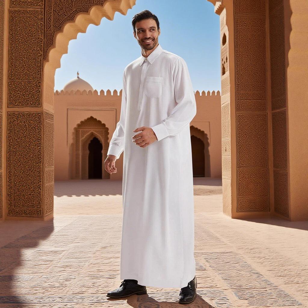 Men's Muslim Robe Solid Color Long Sleeve POLO Neck Pocket Loose Muslim Robe