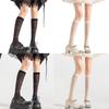 Women Elegant Thin Sheer Solid Color Silk Over Calf Socks Japanese Style Geometric Striped Pattern Knee Length Stockings