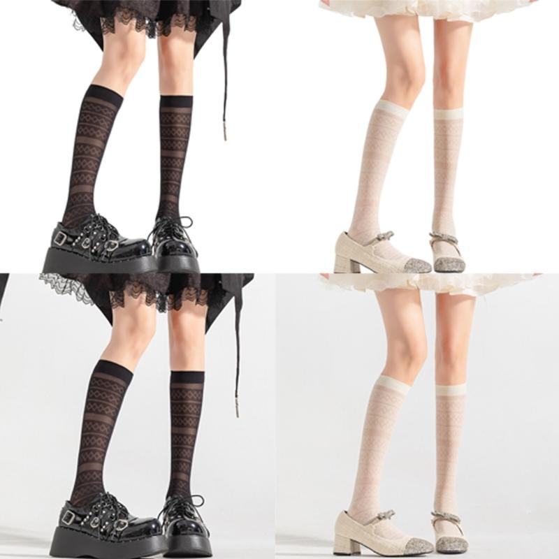 Women Elegant Thin Sheer Solid Color Silk Over Calf Socks Japanese Style Geometric Striped Pattern Knee Length Stockings