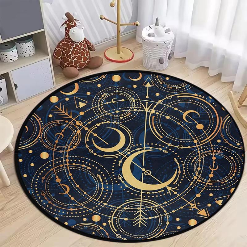 Vintage Celestial Sun and Moon Round Area Rug, Boho Starry Sky Floor Mat for Kids Room Nursery, Soft Washable Home Decor Carpet