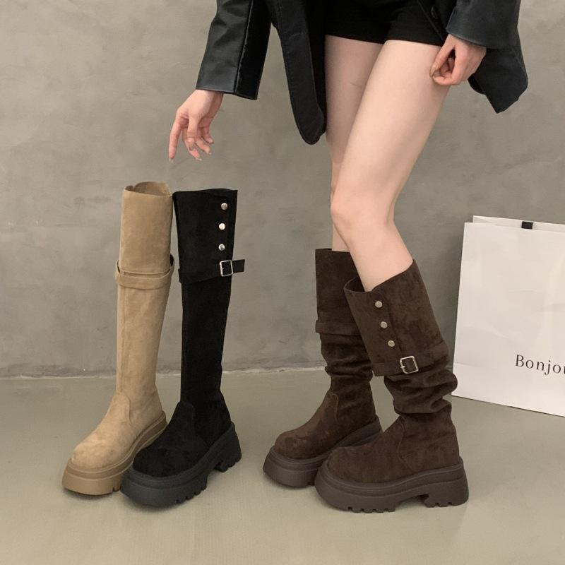 Korean Version of Fashion Two Wear Folded Platform Boots Children 2025 Autumn and Winter New Thick Heel Knee Knight Boots