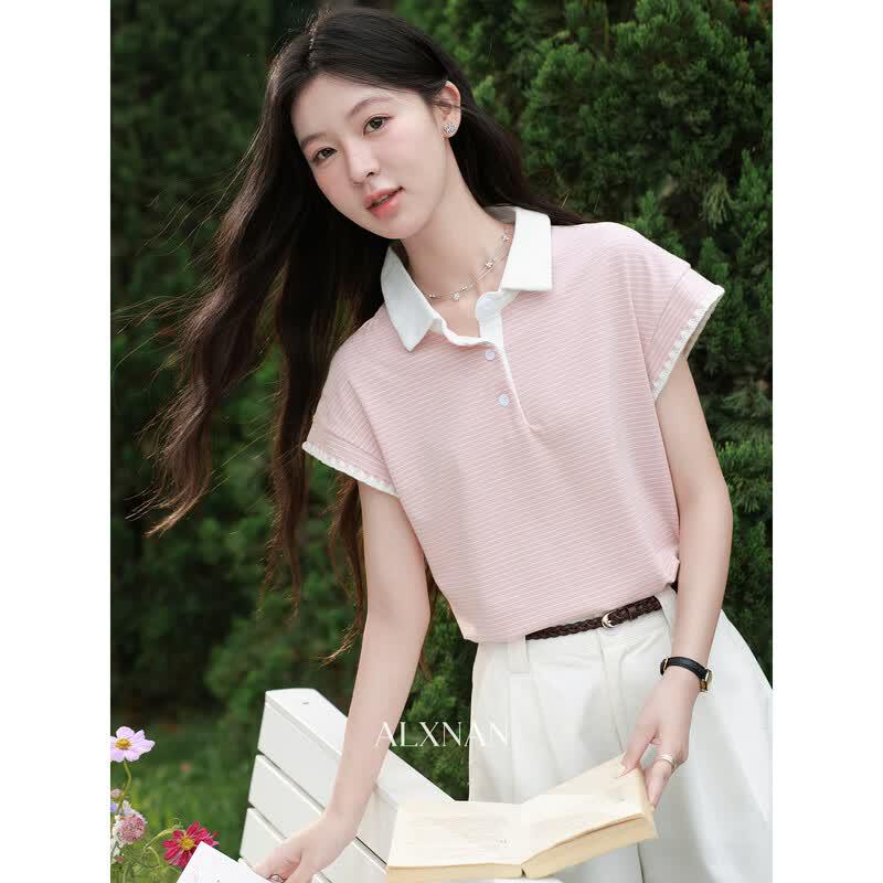 Luxiangnan Women s Pink Polo Flutter Sleeve T-Shirt S